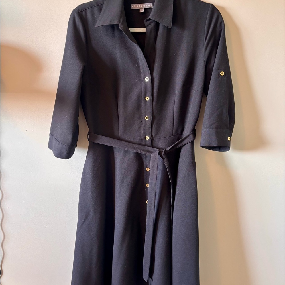 Sharagano Black Long Sleeve Belted Dress